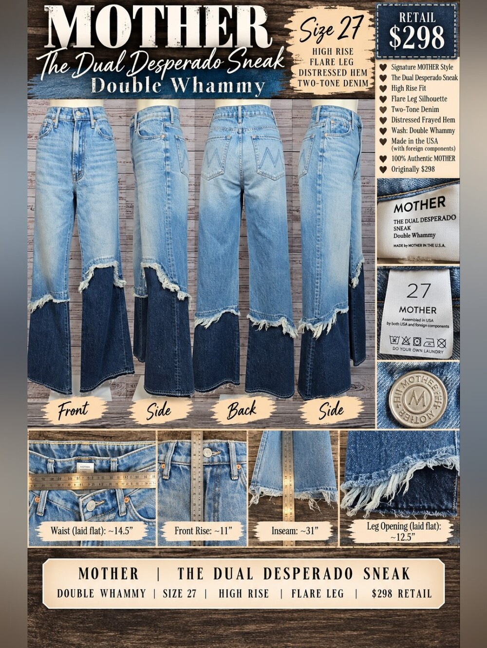 MOTHER Dual Desperado Sneak High Rise Jeans 27 Double Whammy Two Tone